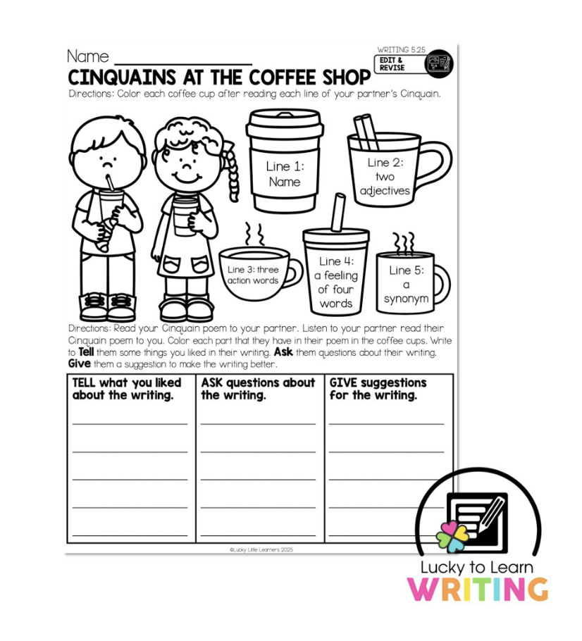 Worksheet with illustrated coffee cups to help 2nd-grade students organize their Cinquain poem. The poem is broken into sections for the title, adjectives, action words, feelings, and a synonym. A fun poetry activity for second graders.